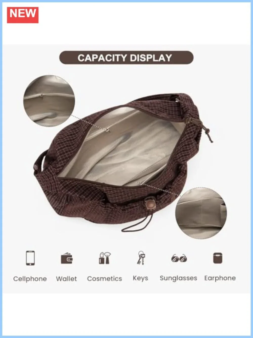 Plaid Nylon Hobo Bag Crossbody Drawstring Purse Adjustable Shoulder Strap
